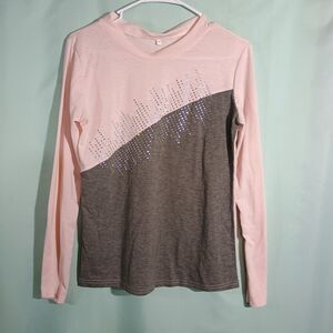 Pink Gray Color block Rhinestone Top Long Sleeve Casual Sparkle Shirt